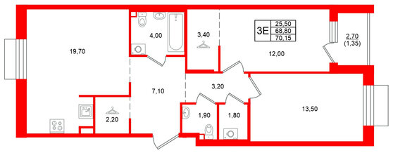 Квартира в ЖК Лисино, 2 комнатная, 71.5 м², 3 этаж