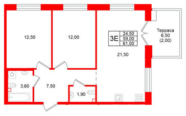 Квартира в ЖК Кронунг Юг, 2 комнатная, 61 м², 1 этаж