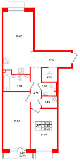 Квартира в ЖК Лисино, 2 комнатная, 69.4 м², 4 этаж