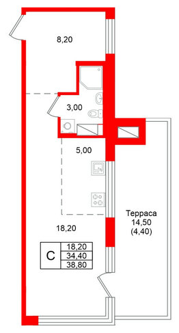 Квартира в ЖК Кронунг Юг, студия, 38.8 м², 5 этаж