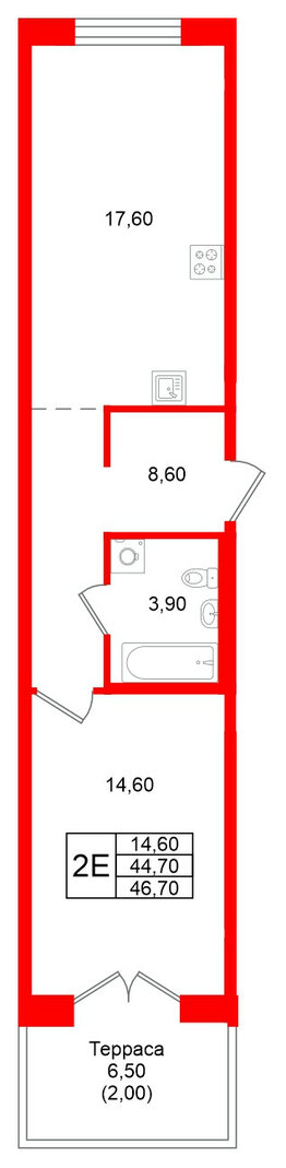 Квартира в ЖК Кронунг Юг, 1 комнатная, 46.7 м², 1 этаж