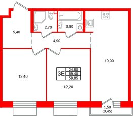 Квартира в ЖК Лисино, 2 комнатная, 60.9 м², 3 этаж