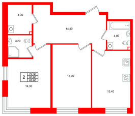 Квартира в ЖК Лисино, 2 комнатная, 68.6 м², 1 этаж