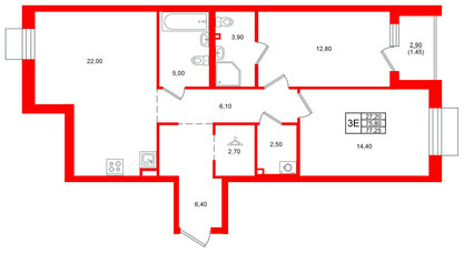 Квартира в ЖК Лисино, 2 комнатная, 78.7 м², 3 этаж