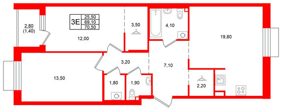 Квартира в ЖК Лисино, 2 комнатная, 71.9 м², 2 этаж