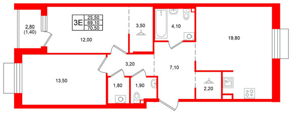 Квартира в ЖК Лисино, 2 комнатная, 71.9 м², 3 этаж