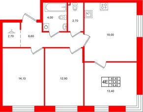 Квартира в ЖК Лисино, 3 комнатная, 74.4 м², 1 этаж
