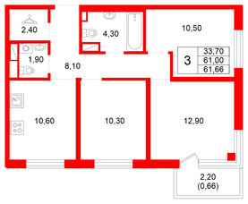 Квартира в ЖК «Плюс Пулковский», 3 комнатная, 61.66 м², 4 этаж