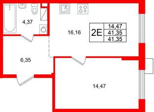 Квартира в ЖК А101 Лаголово, 1 комнатная, 41.35 м², 6 этаж