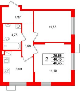 Квартира в ЖК А101 Лаголово, 2 комнатная, 46.45 м², 8 этаж