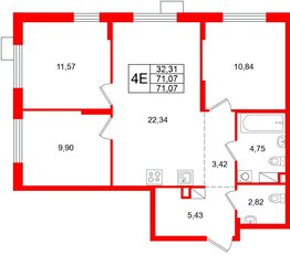 Квартира в ЖК А101 Лаголово, 3 комнатная, 71.07 м², 12 этаж