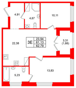 Квартира в ЖК Речной квартал, 2 комнатная, 62.79 м², 7 этаж
