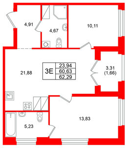 Квартира в ЖК Речной квартал, 2 комнатная, 62.29 м², 17 этаж