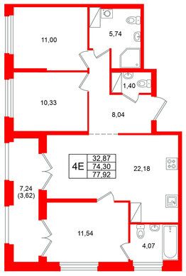 Квартира в ЖК Речной квартал, 3 комнатная, 77.92 м², 3 этаж