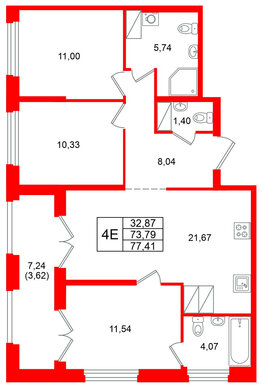 Квартира в ЖК Речной квартал, 3 комнатная, 77.41 м², 17 этаж