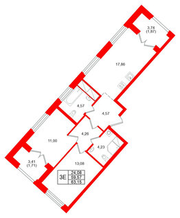 Квартира в ЖК Речной квартал, 2 комнатная, 63.15 м², 19 этаж