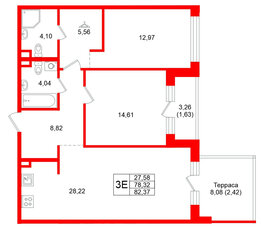Квартира в ЖК Энфилд, 2 комнатная, 82.37 м², 2 этаж