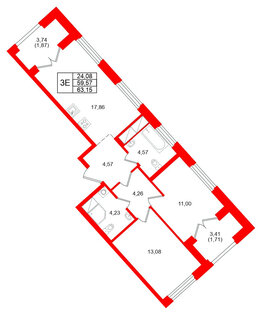 Квартира в ЖК Речной квартал, 2 комнатная, 63.15 м², 15 этаж