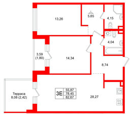 Квартира в ЖК Энфилд, 2 комнатная, 82.67 м², 2 этаж