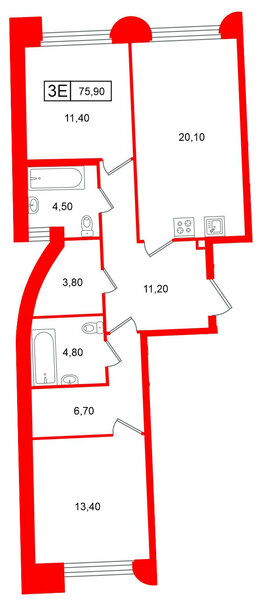 Квартира в ЖК Цвет Зеленогорска, 2 комнатная, 75.9 м², 1 этаж