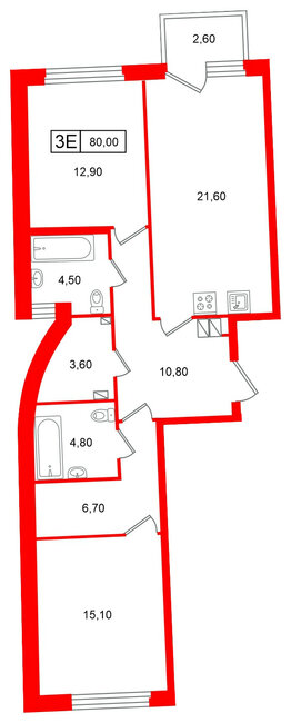 Квартира в ЖК Цвет Зеленогорска, 2 комнатная, 80 м², 2 этаж