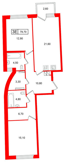Квартира в ЖК Цвет Зеленогорска, 2 комнатная, 79.7 м², 4 этаж