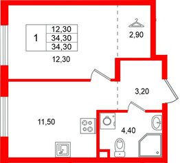 Квартира в ЖК А101 Всеволожск, 1 комнатная, 34.3 м², 2 этаж