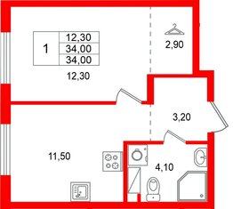 Квартира в ЖК А101 Всеволожск, 1 комнатная, 34 м², 4 этаж