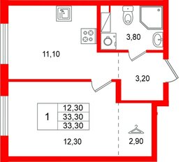 Квартира в ЖК А101 Всеволожск, 1 комнатная, 33.3 м², 5 этаж