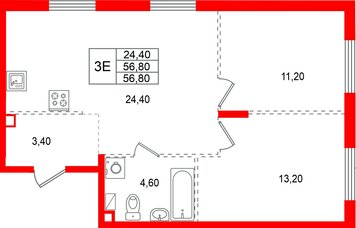 Квартира в ЖК А101 Всеволожск, 2 комнатная, 56.8 м², 6 этаж