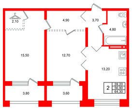 Квартира в ЖК Сибирь, 2 комнатная, 64.3 м², 12 этаж