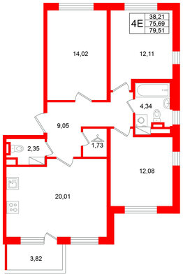 Квартира в ЖК Югтаун, 3 комнатная, 79.51 м², 2 этаж