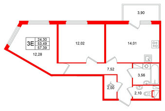 Квартира в ЖК Любоград, 2 комнатная, 57.39 м², 2 этаж