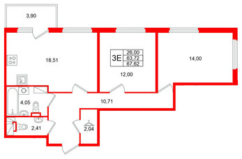 Квартира в ЖК Любоград, 2 комнатная, 67.62 м², 3 этаж