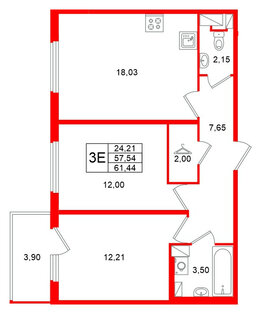 Квартира в ЖК Любоград, 2 комнатная, 61.44 м², 2 этаж