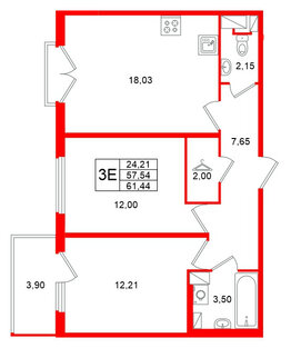Квартира в ЖК Любоград, 2 комнатная, 61.44 м², 4 этаж