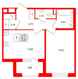 Квартира в ЖК Дубровский, 1 комнатная, 42.21 м², 1 этаж