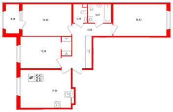 Квартира в ЖК Дубровский, 3 комнатная, 79.07 м², 2 этаж