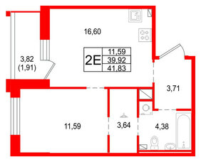 Квартира в ЖК Сезоны, 1 комнатная, 41.83 м², 10 этаж