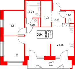 Квартира в ЖК «Юнтолово», 2 комнатная, 56.61 м², 10 этаж