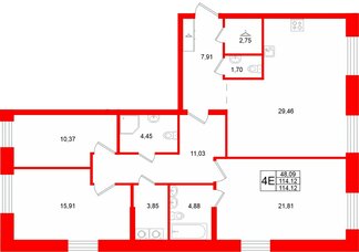 Квартира в ЖК «VI квартал», 3 комнатная, 114.12 м², 1 этаж