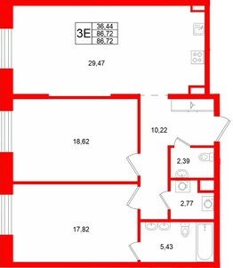 Квартира в ЖК «VI квартал», 2 комнатная, 86.72 м², 3 этаж