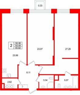 Квартира в ЖК «VI квартал», 2 комнатная, 93.82 м², 3 этаж