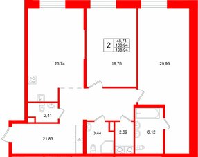 Квартира в ЖК «VI квартал», 2 комнатная, 108.94 м², 2 этаж