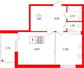 Квартира в ЖК «Финский Квартал», 1 комнатная, 48.92 м², 6 этаж