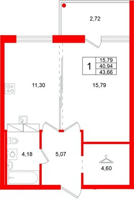 Квартира в ЖК «Финский Квартал», 1 комнатная, 43.66 м², 1 этаж