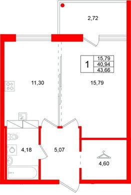 Квартира в ЖК «Финский Квартал», 1 комнатная, 43.66 м², 2 этаж