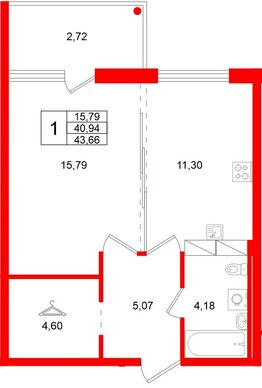 Квартира в ЖК «Финский Квартал», 1 комнатная, 43.66 м², 3 этаж
