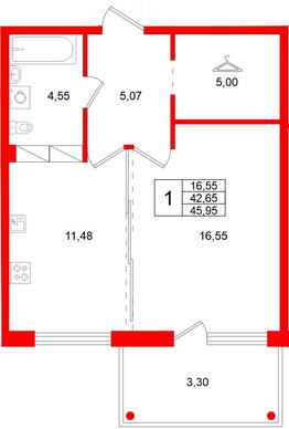 Квартира в ЖК «Финский Квартал», 1 комнатная, 45.95 м², 3 этаж
