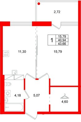 Квартира в ЖК «Финский Квартал», 1 комнатная, 43.66 м², 1 этаж